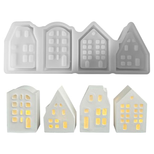 Recitem Silikonformen Gießformen Häuser, 3D Silikonform Weihnachten Silikonform Haus Mini Silikonform Häuser Silikonformen Weihnachten Häuser Giessformen Silikon Gießform (4-Zimmer groß) von Recitem