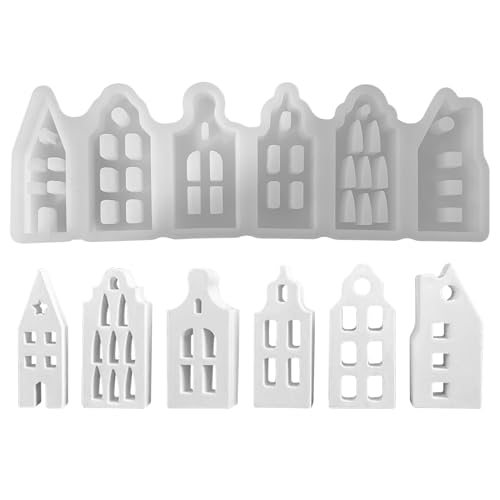 Recitem Silikonformen Gießformen Häuser, 3D Silikonform Weihnachten Silikonform Haus Mini Silikonform Häuser Silikonformen Weihnachten Häuser Giessformen Silikon Gießform (6 Hollowout-Haus) von Recitem