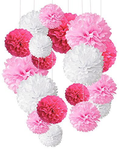 Recosis 18 Stück Seidenpapier Pompoms Blumen Ball Dekorpapier Kit für Geburtstag Hochzeit Baby Dusche Hauptdekorationen und Partei Dekoration-Rosa, Pink und Weiß von Recosis