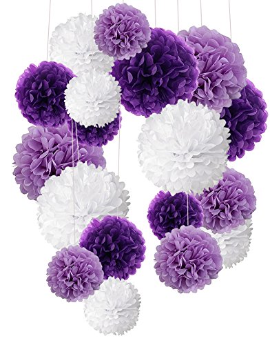 Recosis 18 Stück Seidenpapier Pompoms Blumen Ball Dekorpapier Kit für Geburtstag Hochzeit Baby Dusche Hauptdekorationen und Partei Dekoration-Violett, Lavendel und Weiß von Recosis