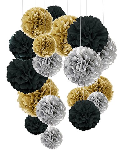 Recosis 18 Stück Seidenpapier Pompoms Blumen Ball Dekorpapier Kit für Geburtstag Hochzeit Baby Dusche Parteien Hauptdekorationen und Partei Dekoration - Schwarz, Gold und Silber von Recosis