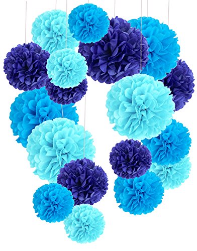 Recosis 18 Stück Seidenpapier Pompoms Blumen Ball Dekorpapier Kit für Geburtstag Hochzeit Baby Dusche Parteien Hauptdekorationen und Partei Dekoration - Dunkelblau, Blau und Hellblau von Recosis