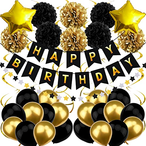 Recosis Geburtstagsdeko Schwarz Gold, Happy Birthday Banner mit Pompoms Papier Girlande Wimpel Spiral und Luftballon Kindergeburtstag für Mädchen Junge Mann Frauen Geburtstags Dekorationen von Recosis