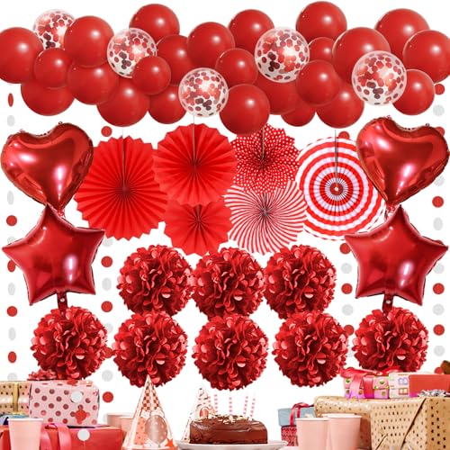 Premium Rot Partydeko - Papier Fächer, Pompons, Luftballon, Party Deko für Frauen, Hochzeit Party Deko, Geburtstag Party Deko, Happy Birthday Dekoration, Valentinstag Deko, Weihnachtsdekoration von Recosis