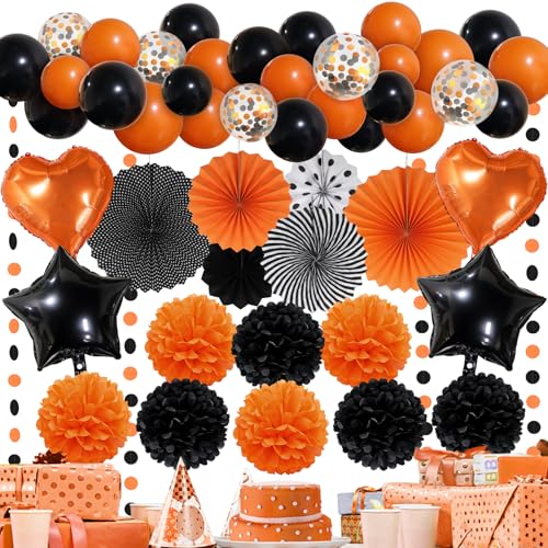 Recosis Party Dekorationen, Hängende Papier Fans Pom Poms Blumen Girlande Ballon für Party Dekorationen (Schwarz Orange) von Recosis