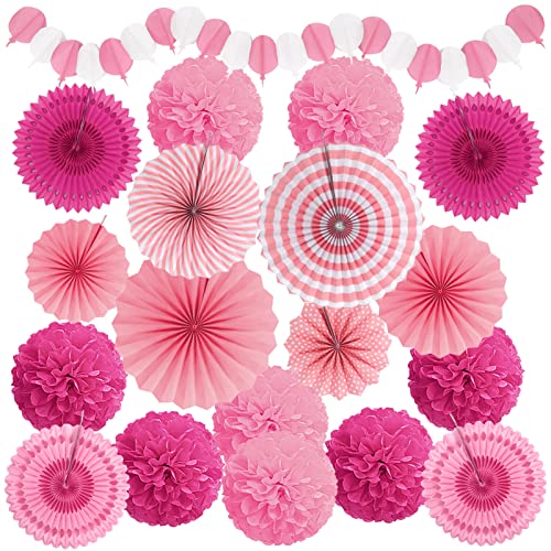 Recosis Rosa Party Dekoration, Papier Pompoms Aufhängen Fächer Girlande für Fiesta Party Dekoration Taufe Mädchen Babydusche Party Hochzeit Geburtstag Festival von Recosis