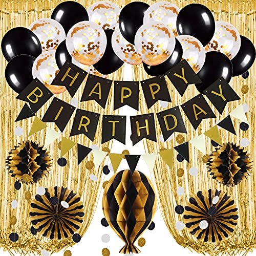 Recosis Schwarz Gold Geburtstag Dekorationen, Happy Birthday Banner Gold Folie Fringe Vorhang Hängende Papier Fans Pompoms Dreieckige Wimpel Girlande Konfetti Ballons von Recosis