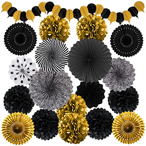 Recosis Schwarz Gold Party Dekoration, Papier Pompoms Aufhängen Fächer Girlande für Geburtstag Set Abschlussfeier Ruhestandsfeierdekor Graduierung Party Karneval Fasching Partydekorationen von Recosis