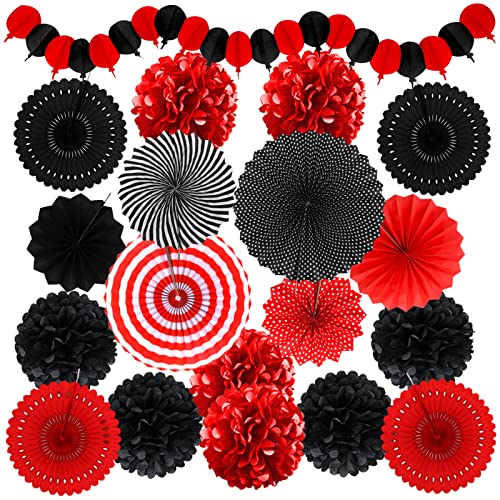 Recosis Schwarz Rot Party Dekoration, Papier Pompoms Aufhängen Fächer Girlande für Geburtstag Set Abschlussfeier Ruhestandsfeierdekor Graduierung Party Karneval Fasching Partydekorationen von Recosis