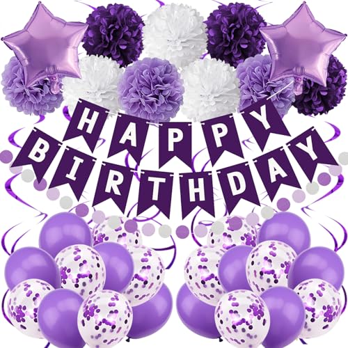 Recosis Violett Geburtstagsdeko, Happy Birthday Banner mit Pompoms Papier Girlande Wimpel Spiral und Luftballon Kindergeburtstag für Mädchen Junge Mann Frauen Geburtstags Dekorationen von Recosis