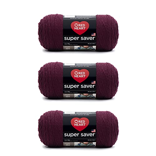 Red Heart Super Saver, 3er-Pack, 198 gr, Acryl, 4 Medium (Kammgarn), 330 m, für Stricken/Häkeln, Rotwein-Garn von Red Heart