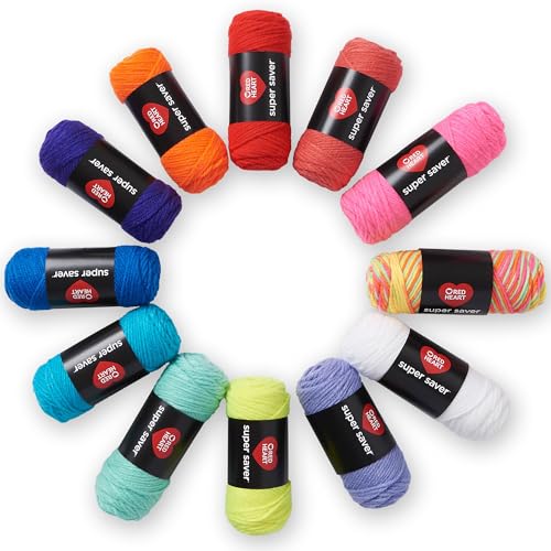 Red Heart Super Saver Garn Super Craft Kit Brights, mit 12 Packungen mit 50 g, 4 mittelgroße Kammgarne zum Stricken und Häkeln, 12 Farben, perfekt für grobe Pullover, Decken, Amigurumi von Red Heart