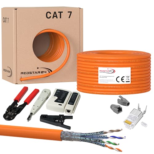 100m CAT 7 Kabel Verlegekabel Netzwerkkabel Crimpzange RJ45 Zange/Kabeltester/Kabelmesser / 20x Netzwerkstecker RJ45 Stecker LAN Halogenfrei Installationskabel CAT7 Kupfer Netzwerk Werkzeug SET von RedStar24