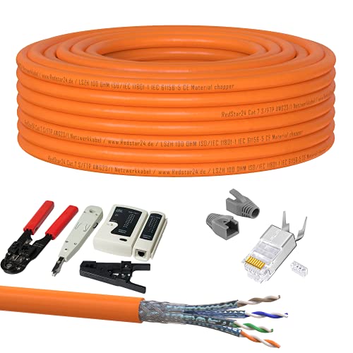 15m CAT 7 Kabel Verlegekabel Netzwerkkabel Crimpzange RJ45 Zange/Kabeltester/Kabelmesser / 20x Netzwerkstecker RJ45 Stecker LAN Halogenfrei Installationskabel CAT7 Kupfer Netzwerk Werkzeug SET von RedStar24