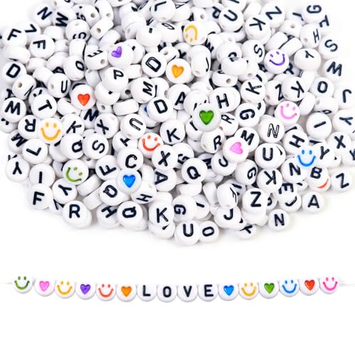 Redamancy 400 Stück Buchstabenperlen, Bunte Herzperlen und Bunte Smiley-Perlen, 7mm Buchstaben Perlen Set, A-Z Buchstabenperlen, Rund Buchstaben Perlen für Armbänder für DIY Armbänder Schmuck von Redamancy