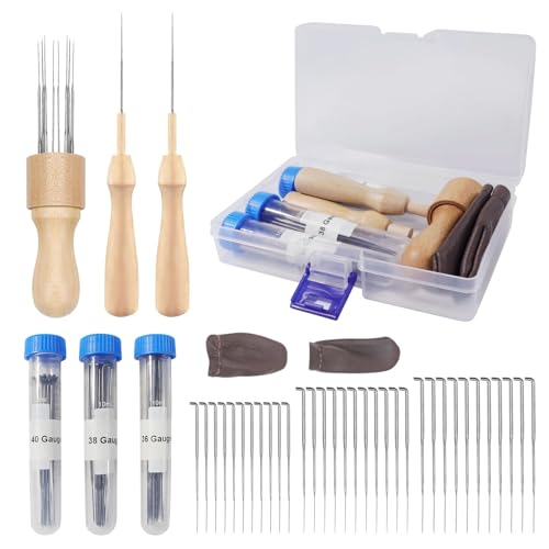 Redamancy Nadelfilz-Set, mit 36 Filznadeln (3 Größen), Filznadeln Set, Filznadeln zum Trockenfilzen, Nadelfilz-Starter-Set, Filznadelgriff aus Holz, Wollfilzen, Basteln, ideal für Anfänger oder Profis von Redamancy