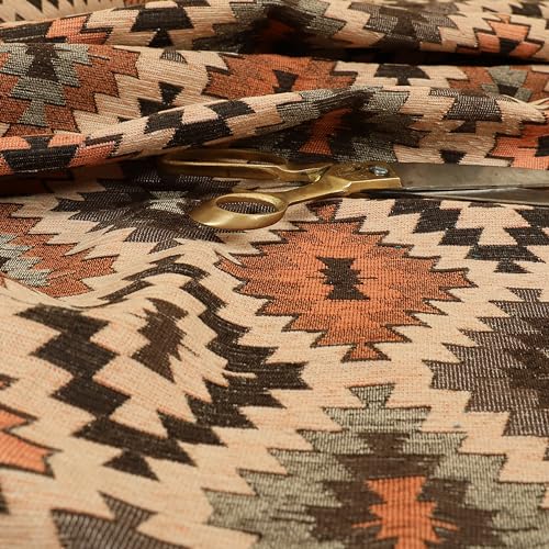 Redbrick Mill Fabrics Weich gewebter Chenille-Polsterstoff mit Kilim-Muster im aztekischen Stil, Meterware in Orange Kilim (pro Meter) von Redbrick Mill Fabrics