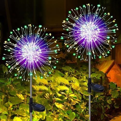 Redefun Solar Gartendeko 2 Stück 120LED Gartendeko Solar Gartenleuchten, 8 Modi Solarleuchte Feuerwerk Wasserdicht Gartenstecker Pusteblume Solarlampen für Außen Balkon Terrasse Deko(Mehrfarbig) von Redefun