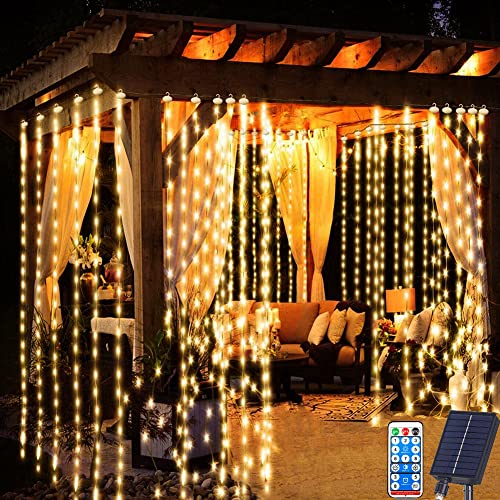 Redefun Solar Lichtervorhang Aussen 3 m x 3 m 300LED Lichterkette vorhang, 8 Modi Wasserdicht Solar Wasserfall Lichter mit Fernsteuerung,Timer für Außen Pavillon Balkon Hochzeit Deko(Warmweiß) von Redefun