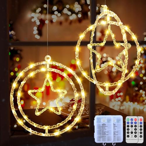 Redefun Weihnachten Fenster lichterkette, 2 Stück Weihnachten Stern Lichterketten Batteriebetrieben, 8 Modi hängende Weihnachtsbeleuchtung mit Fernbedienung & Timer für Innen Außen Xmas Deko(WarmWeiß) von Redefun