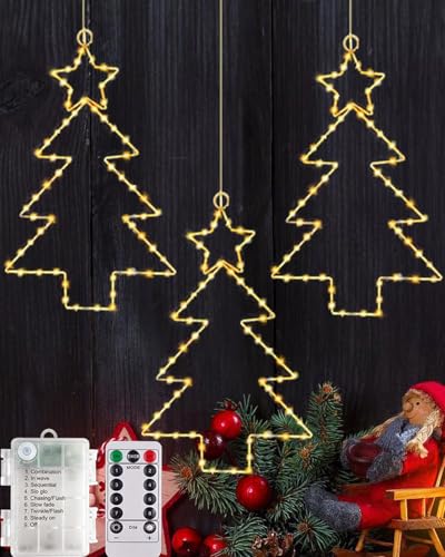 Redefun Weihnachten Fenster lichterkette, 3 Stück Weihnachten Stern Lichterketten Batteriebetrieben, 8 Modi hängende Weihnachtsbeleuchtung mit Fernbedienung & Timer für Innen Außen Xmas Deko(WarmWeiß) von Redefun