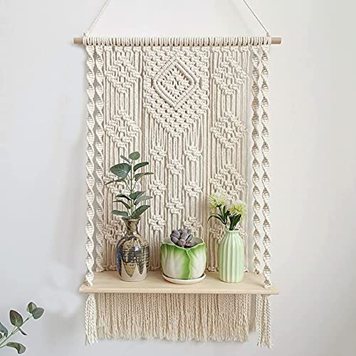 Redsa 80x50x15cm Makramee Wandbehang Regal Cremeweiß Hängende Übertopf Decke mit Holzperlen Baumwolle Dekorativer Blumentopf Halter für Wand Home Display Decor von Redsa