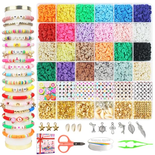 Redtwo 6800-teiliges Set zur Herstellung von Armbändern aus Ton, Freundschaftsarmband-Kits, flache Perlen für Schmuckherstellung, Polymer-Heishi-Set für Armband, Halskette, DIY, Handwerk, Geschenk für von Redtwo