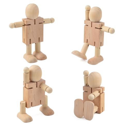 Redvigh 4 unlackierte Holzroboter, verstellbare Holzfiguren, Holzfiguren, Figuren zum Malen, Basteln, Kunstprojekte von Redvigh