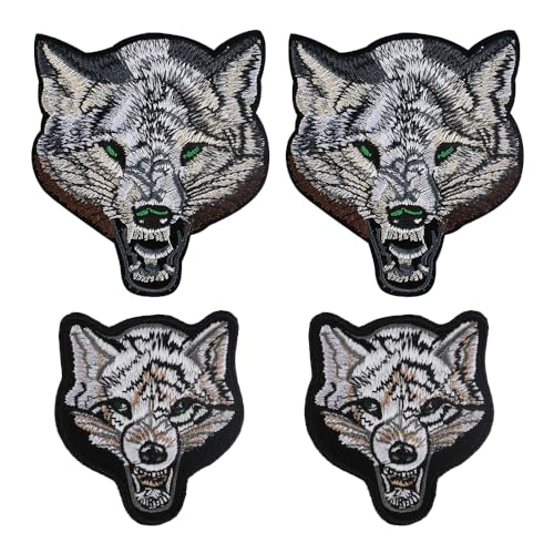 Redvigh Wolf-Aufnäher zum Aufbügeln, Wolfskopf, bestickt, für Hut, Kleidung, Taschen, Jeans, 6,2 cm / 8,2 cm – zum Aufbügeln oder Aufnähen, 4 Stück von Redvigh