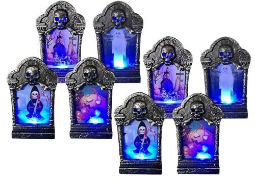 8 Stück Halloween Grabstein Halloween Tombstone LED Lamp, 12CM Mini Halloween Friedhof Dekorationen RIP Halloween Deko Indoor für Home Garten, Horror Deko von Reegaty