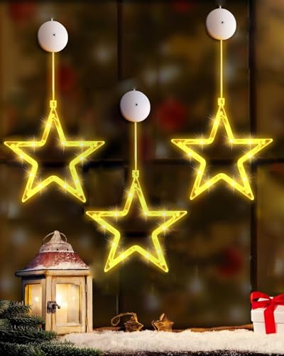 Reegaty LED Sterne Weihnachtsdeko Fenster, 3 Stück Weihnachtsbeleuchtung Innen, LED Lichtervorhang mit Saugnäpfe, Weihnachtsdeko Fenster Beleuchtet für Balkon, Party, Hochzeit Deko (Set of 3 Stück) von Reegaty