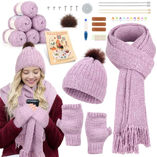 Reessy Strickset für Anfänger, komplettes Strickset für Anfänger und Erwachsene - Machen Sie Ihre eigenen Mütze, Schal, Handschuhe, Strick-Starter-Kit mit Anleitung, Stricknadeln, Garn, schönes von Reessy