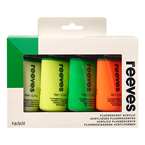 Reeves 8390907 "Acrylic" Acrylfarbe Set Fluo 4 Farben in 75ml Tuben - Orange Fluo, Gelb Fluo, Grün Fluo, Irisierendes Weiß. von Reeves