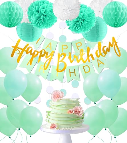 32er Set Mint Grün Happy Birthday Ballons Banner Pompoms Geburtstagsdeko Party Dekorationen geburtstagsdeko kinder von Regendeko