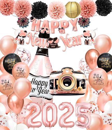 Regendeko 2025 Happy New Year Party Set Deko Neujahr Deko Ballon Girlande Lampion Pompom Gold Rosa Deko von Regendeko