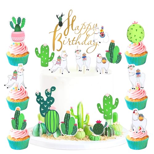 Regendeko Happy Birthday Alpaka Tortendeko Geburstag Deko Lama Kaktus Die Wüste Kinder Party Kuchendekoration Cake Toppers Geburtstagskuchen Deko von Regendeko