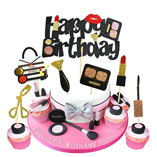 Regendeko Happy Birthday Lady Mädchen Schwarzgold Lippenstift Tortendeko Schminke Kuchendekoration Cupcake Toppers Geburtstagskuchen Deko von Regendeko