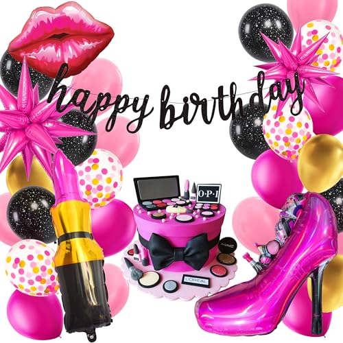 Regendeko Happy Birthday Lady Prost Damen Mode Set Mädchen Geburtstagsdeko hochhackige Schuhe Lippenstifte Folienballon Luftballons Geburtstag Girlande für Geburtstag Urlaub Hochzeit Party Dekoration von Regendeko