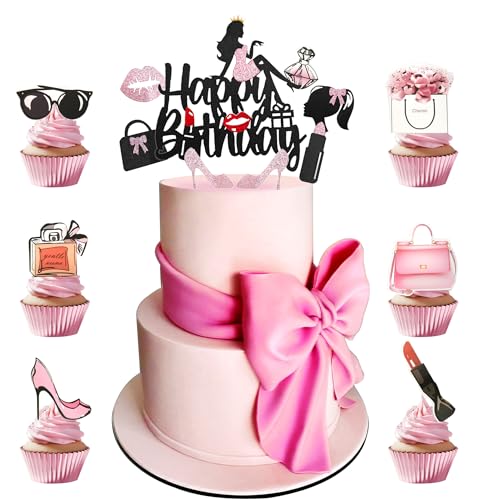 Regendeko Happy Birthday Rosa Lady Mädchen Lippenstift Tortendeko Schminke Kuchendekoration Cupcake Toppers Geburtstagskuchen Deko von Regendeko