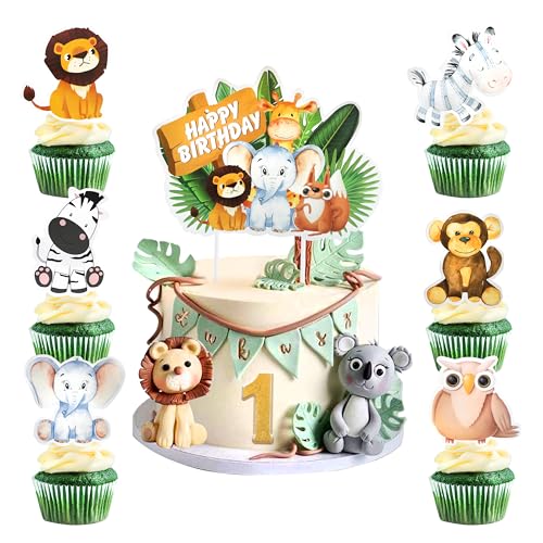 Regendeko Happy Birthday Tortendeko Junge Tier Geburtstagskuchen deko Tortendeko Geburtstag Tiere Kindergeburtstag Kuchen Deko Waldtiere Cake Toppers von Regendeko