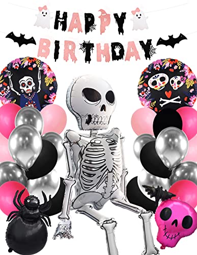 Regendeko Rosa Halloween Happy Birthday Geist Skelett Spinne Folienballon Deko Set Ballons Girlanden von Regendeko