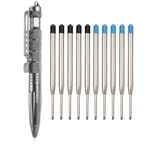 Regerly Tactical Pen, 1 Stück Taktischer Kugelschreiber Multifunktional Aluminium mit Glasbrecher und Selbstverteidigungs mit 5 blau 5 schwarze Nachfüllungen für Tactical Defense (Grau) von Regerly