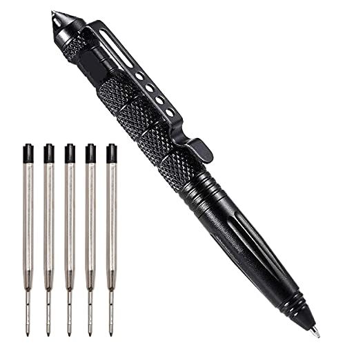 Regerly Tactical Pen, 1 Stück Taktischer Kugelschreiber Multifunktional Aluminium mit Glasbrecher und Selbstverteidigungs mit 5 schwarze Nachfüllungen für Tactical Defense (Schwarz) von Regerly