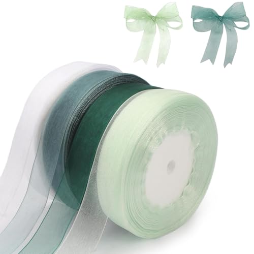 4 Rollen 45m Organzaband, 20mm Breit Geschenkband Weiss, Transparentes Organza Bänder, Schleifenband Chiffonband Tüllband, für Basteln Hochzeitsdekoration Weiss, Aqua Grün, Wald Grün, Salbei Grün von Reh:ncla