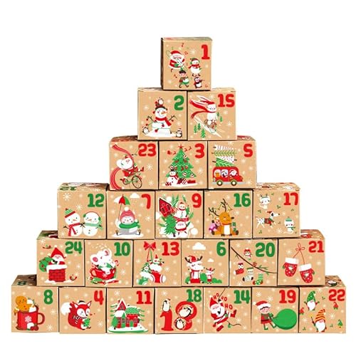 Adventskalender zum Befüllen, 24 bedruckte Geschenktüten, 7 * 7 * 7CM Weihnachten Papiertüten Geschenkbox, Basteln Papierschachtel Geschenkboxen für Weihnachten Geschenk Kinder von Reh:ncla