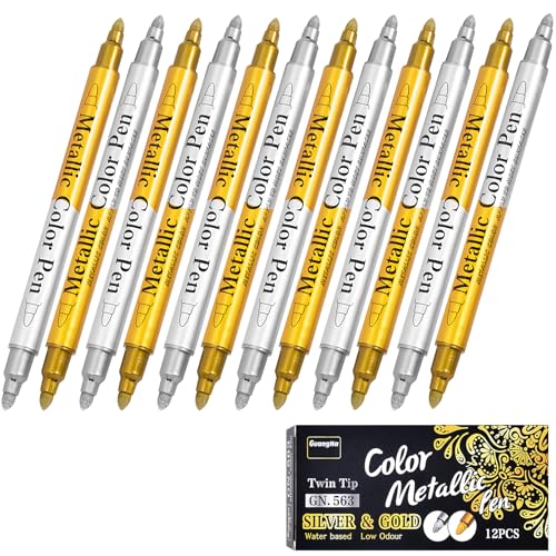 Reh:ncla Gold und Silber Metallic Marker Stifte, 12 Stück Dual Tip Gold und Silber Metallic Stifte, Metallic Marker Stifte, Metallischen Marker für Fotoalbum Osterdekoration Glas Keramik Steinmalerei von Reh:ncla