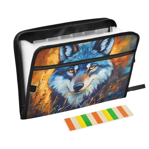 Cool Wolf Fächermappe mit Klebeetiketten, 13 Taschen, Akkordeon-Aktenordner, Dokumenten-Organizer mit Reißverschluss, Grau von Reiacy