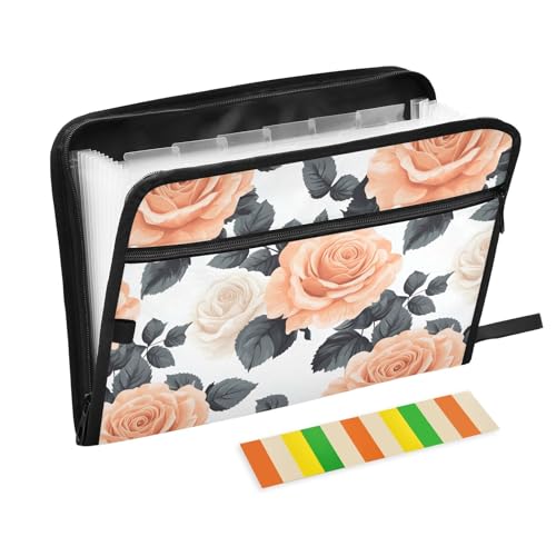 Fächermappe im Landhausstil mit orangefarbenen Rosen und Klebeetiketten, 13 Taschen, Akkordeon-Aktenordner, Dokumenten-Organizer mit Reißverschluss von Reiacy