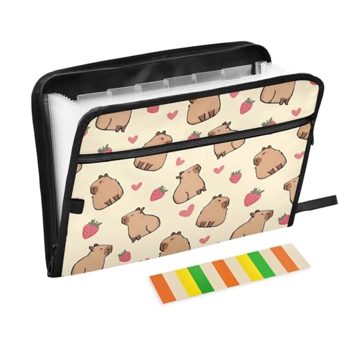 Fächermappe mit Erdbeerherzen, niedliches Capybara mit Klebeetiketten, 13 Taschen, Akkordeon-Aktenordner, Dokumenten-Organizer mit Reißverschluss, Gelb von Reiacy