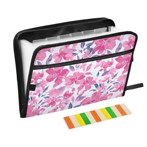 Fächermappe mit Klebeetiketten, 13 Taschen, Akkordeon-Aktenordner, Dokumenten-Organizer mit Reißverschluss, mit Blumenmuster, Rosa von Reiacy